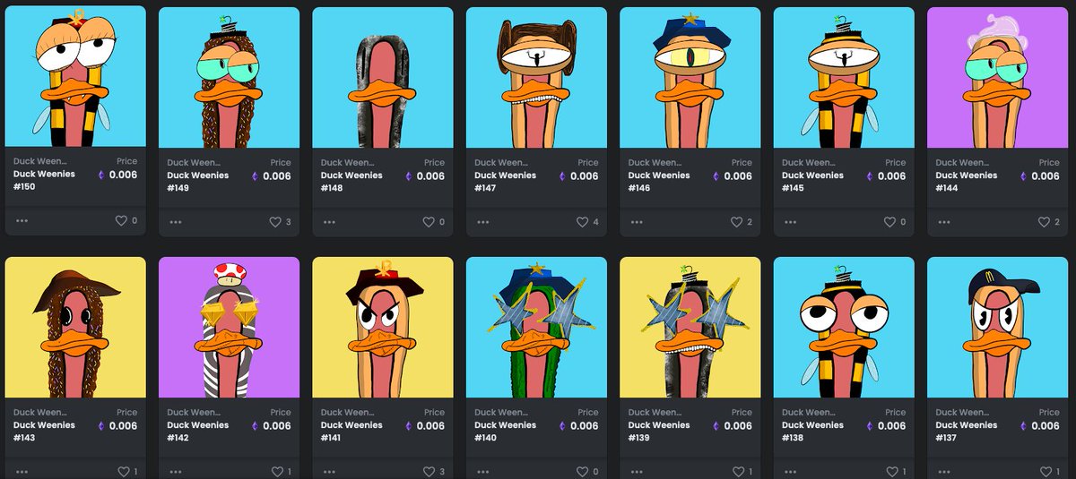 AirsinnerNFT's tweet photo. Whole new Squad of Duck Weenies! Just #minted #nfts #newnfts #openseanfts @opensea #NFTCollection #handrawnnft #handminted
999 collection 1/1 NFTS with 150 now minted! Get yours! and get a free card with your Duck Weenie on it! https://t.co/JxezIL8Ake