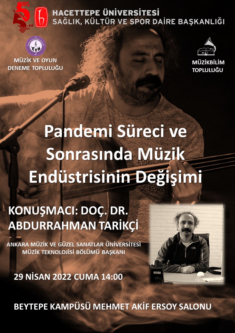 Değerli hocamız Doç. Dr. Abdurrahman Tarikçi ile Covid-19 Pandemisinin müzisyenler, müzik teknolojisi, mekanlar ve müzik endüstrisi üzerinde yarattığı etki üzerine konuşacağız. Herkesi bekliyoruz :))