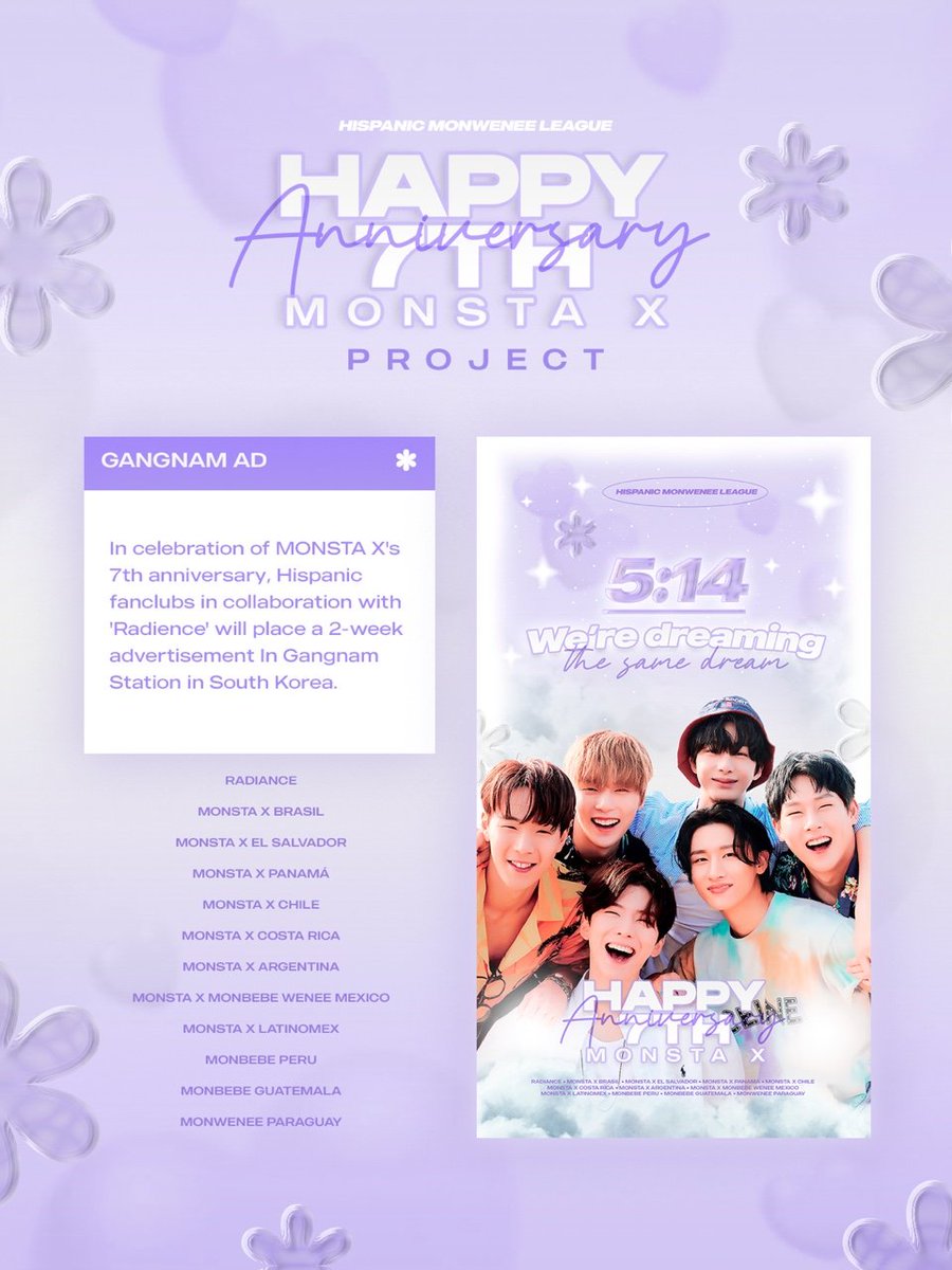 [𝐖𝐞'𝐫𝐞 𝐝𝐫𝐞𝐚𝐦𝐢𝐧𝐠 𝐭𝐡𝐞 𝐬𝐚𝐦𝐞 𝐝𝐫𝐞𝐚𝐦 🤍] 
Monbebe! The Latin Fanbases + Radiance, we join forces to achieve a special project to celebrate the boys' seventh anniversary. 💜