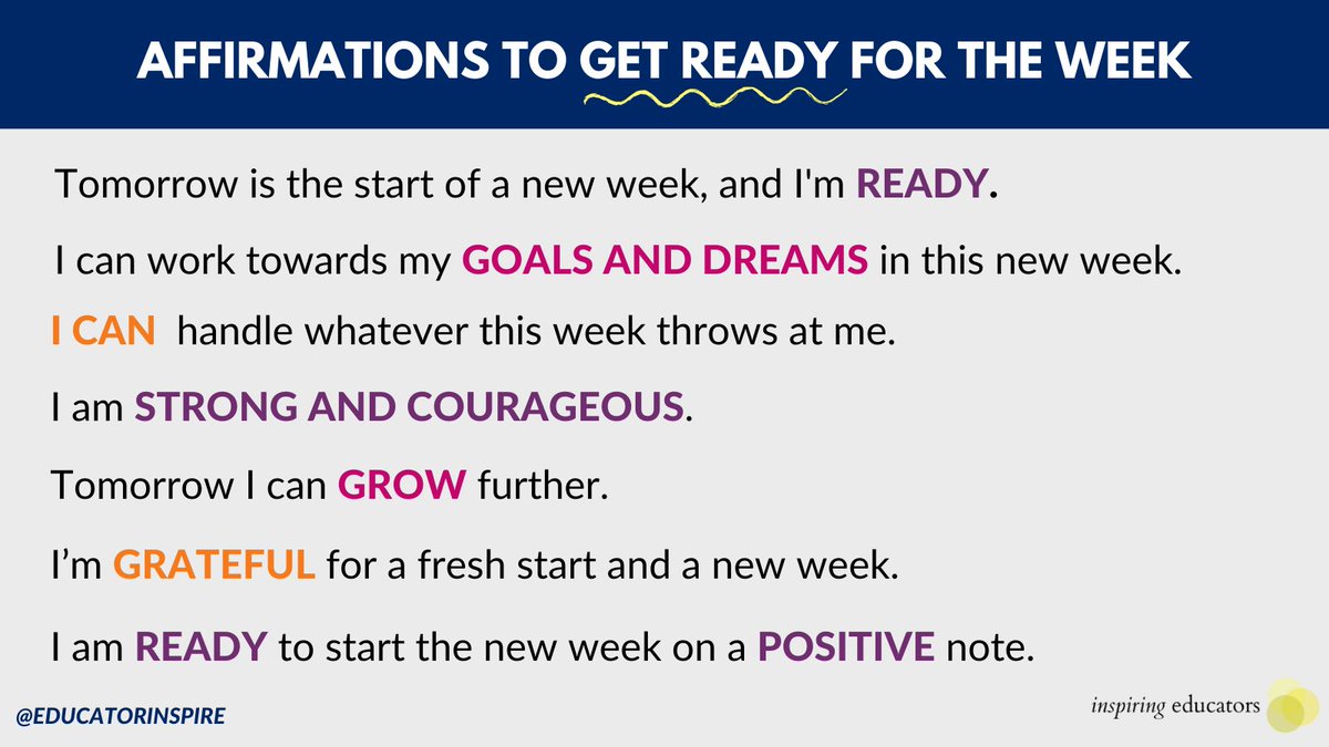 EducatorInspire's tweet photo. Weekends fly by and "Sunday scaries" are real-- We've all been there. Affirmations can help us get present, get pumped, and stay calm and confident for the week ahead 👏

Some pre-Monday affirmations to try ⬇️ https://t.co/8UPuCcqdU8