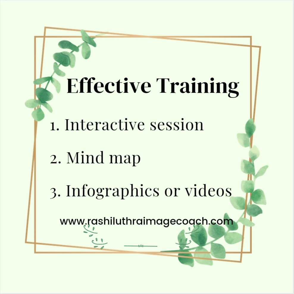 RashiLuthra09's tweet photo. Key to effective training session:
1. Interactive session
2. Mind map
3. Info graphics or videos
.
#growth #mindset #success #professionaldevelopment  #professionalgrowth #salestraining  #professionaldressing #imageconsultant #corporatetrainer #leadershipcoach #leadershipskills https://t.co/m0p06qL5a4