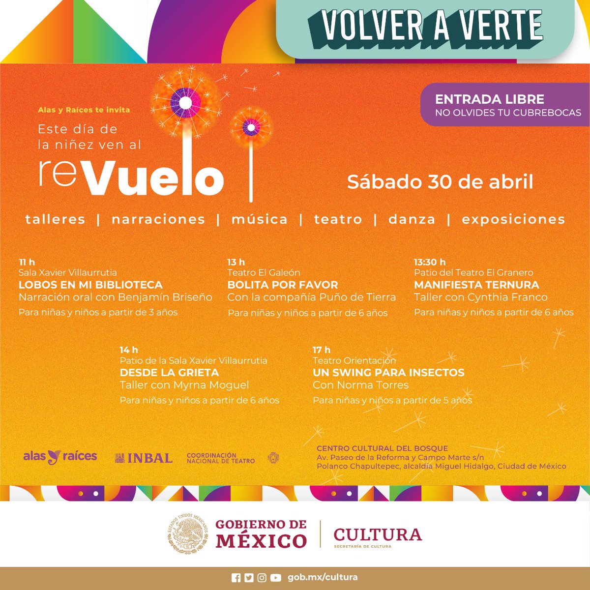 teatroinbal's tweet photo. ¡@AlasyRaices te invita a las actividades de #ReVuelo en el #DíaDeLaNiñez! 🤩

Disfruta de las actividades en el Centro Cultural del Bosque este 30 de abril.

Conoce la programación👉 https://t.co/VcjEgfxHWu

#ReVueloAlasYRaíces #DíaDeLaNiñaYElNiño https://t.co/gAEJ7YVVjC