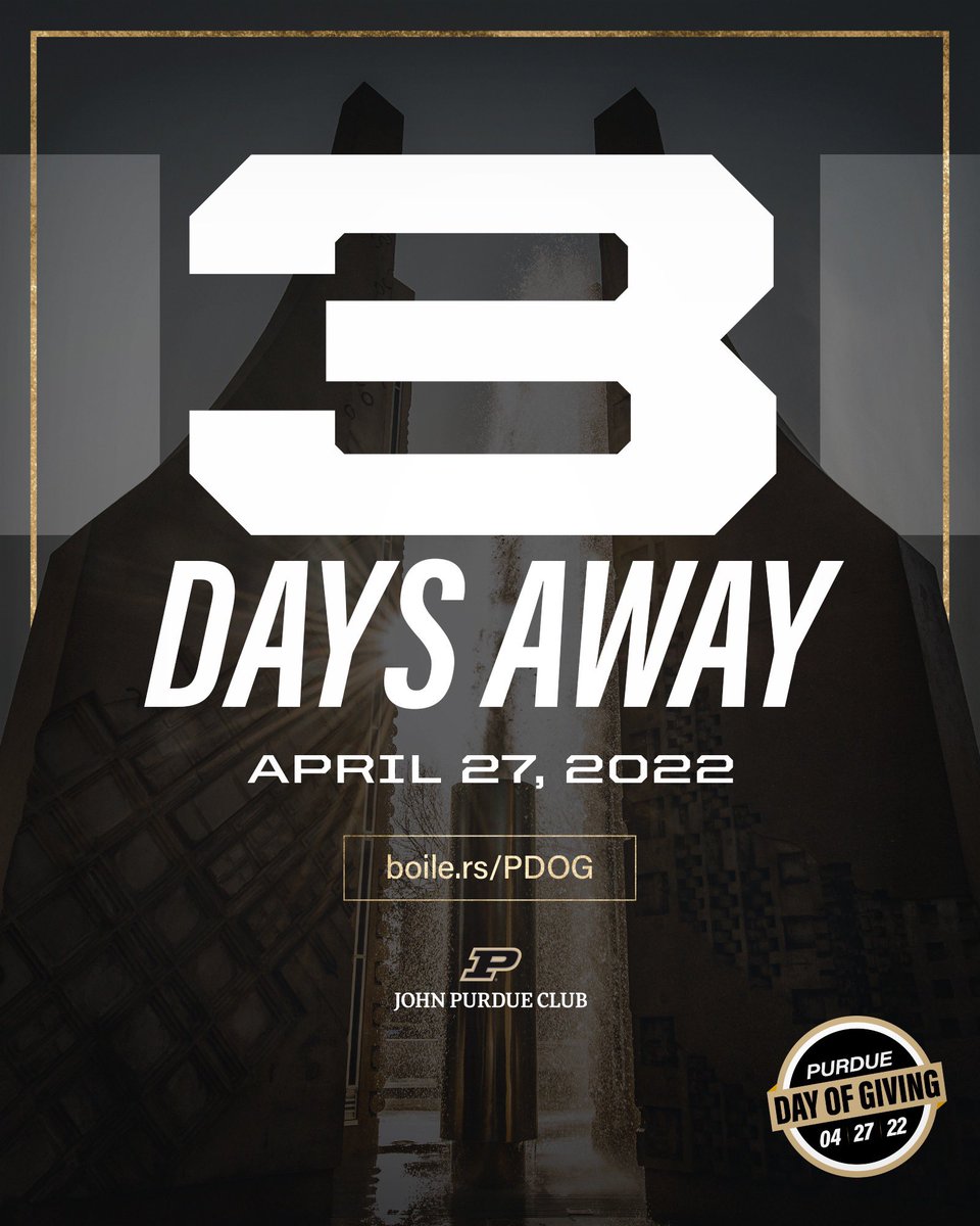 John Purdue Club ๐ (@johnpurdueclub) on Twitter photo Only three more days until #PurdueDayofGiving ๐๐
Excited for the impact on our <a href="/PurdueSports/">Purdue Athletics</a> student-athletes. Every gift is a difference-maker, and helps prepare the students of today to become the leaders of tomorrow. #BoilerUp
boile.rs/PDOGJPC Only three more days until #PurdueDayofGiving ๐๐
Excited for the impact on our <a href="/PurdueSports/">Purdue Athletics</a> student-athletes. Every gift is a difference-maker, and helps prepare the students of today to become the leaders of tomorrow. #BoilerUp
boile.rs/PDOGJPC