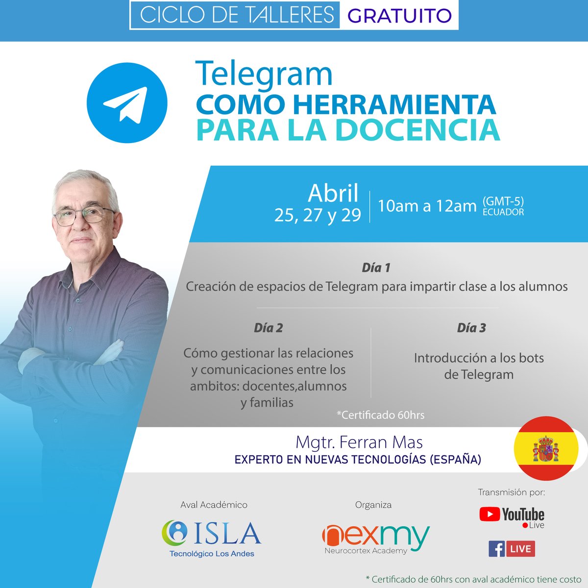 NexmyNet's tweet photo. Invitamos al Ciclo de Talleres 👉👉 TELEGRAM COMO HERRAMIENTA PARA LA DOCENCIA - desde España
💻 Regístrate en: https://t.co/qDhvC5y3vY
👉 Fecha: lunes 25, miércoles 27 y viernes 29 de Abril desde las 10:00 am a 12:00 am - Hora de Ecuador https://t.co/LQ6g0jTWG1