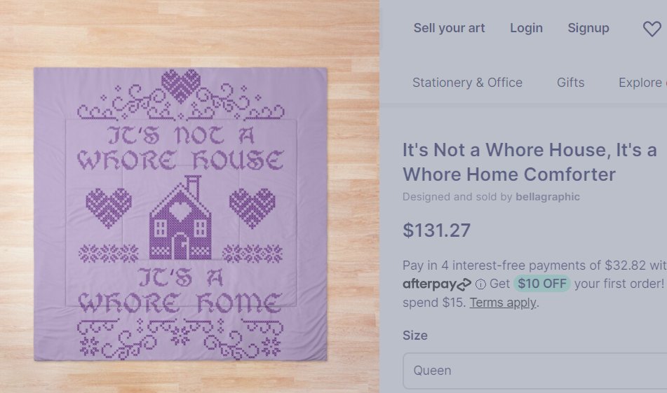 Love this 'homey' comforter. Comes in red too... Reads, 'It's not a Whore House, It's a Whore Home. 👏