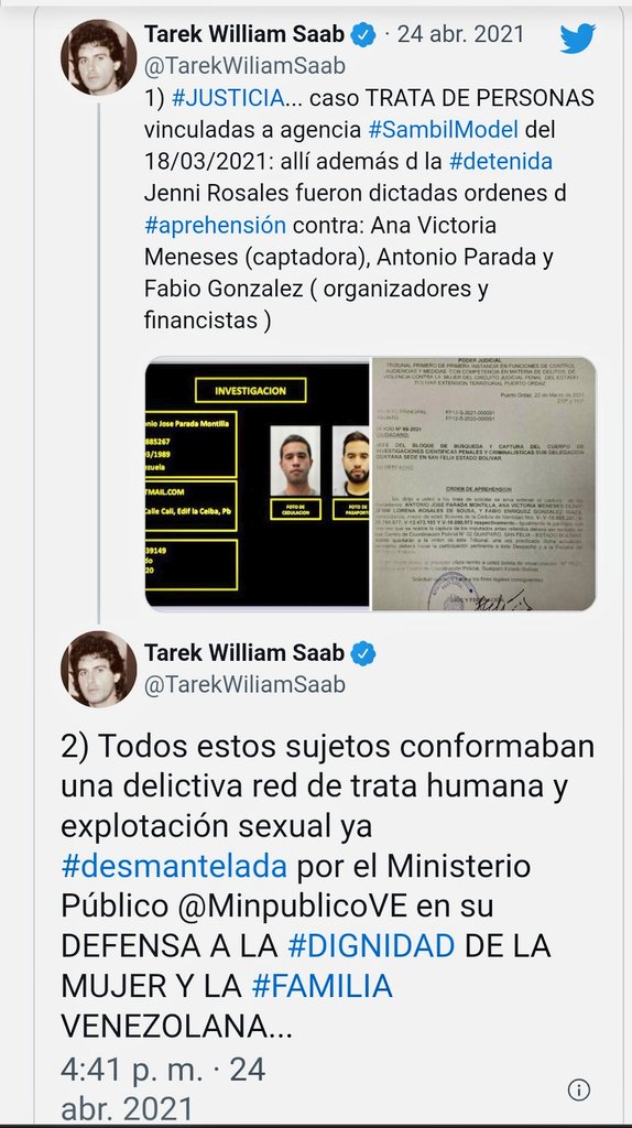 latablablog's tweet image. #Efemérides Hoy #24ABR se cumple un año del anuncio, por el Fiscal General @TarekWiliamSaab, de la captura de Jenny Rosales (directora #SambilModel) y orden de aprehensión del empresario Antonio Parada  por un sorprendente caso de trata.
+Info en hilo