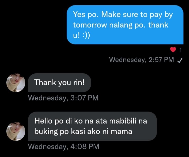@.inlovewithnrk hello :))

you reserved some pcs po worth ₱400 for a week then kung kelan dop na you decided to cancel and refused to pay the cf? I don't want to make any long stressful thread about this pero nakakagigil ka po talaga making so many excuses.