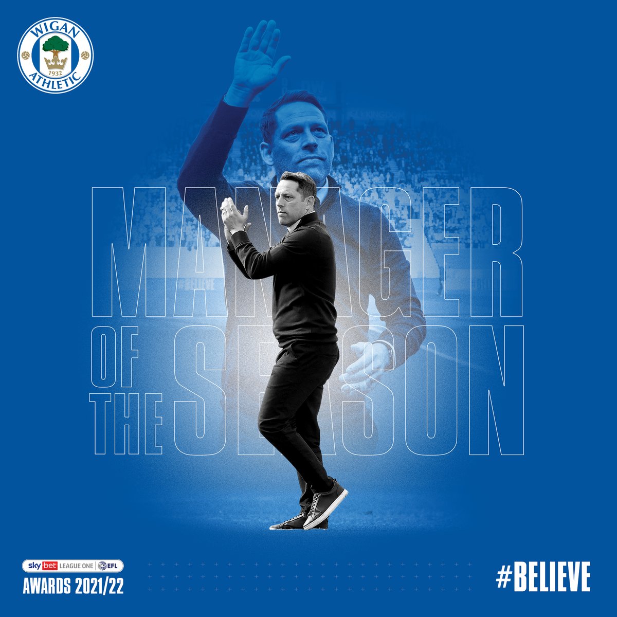 LaticsOfficial's tweet photo. Congratulations, Gaffer! 💙

The 2021/22 @SkyBetLeagueOne Manager of the Season! 🏆

#wafc 🔵⚪️ #BELIEVE https://t.co/qUvlxpcr0g