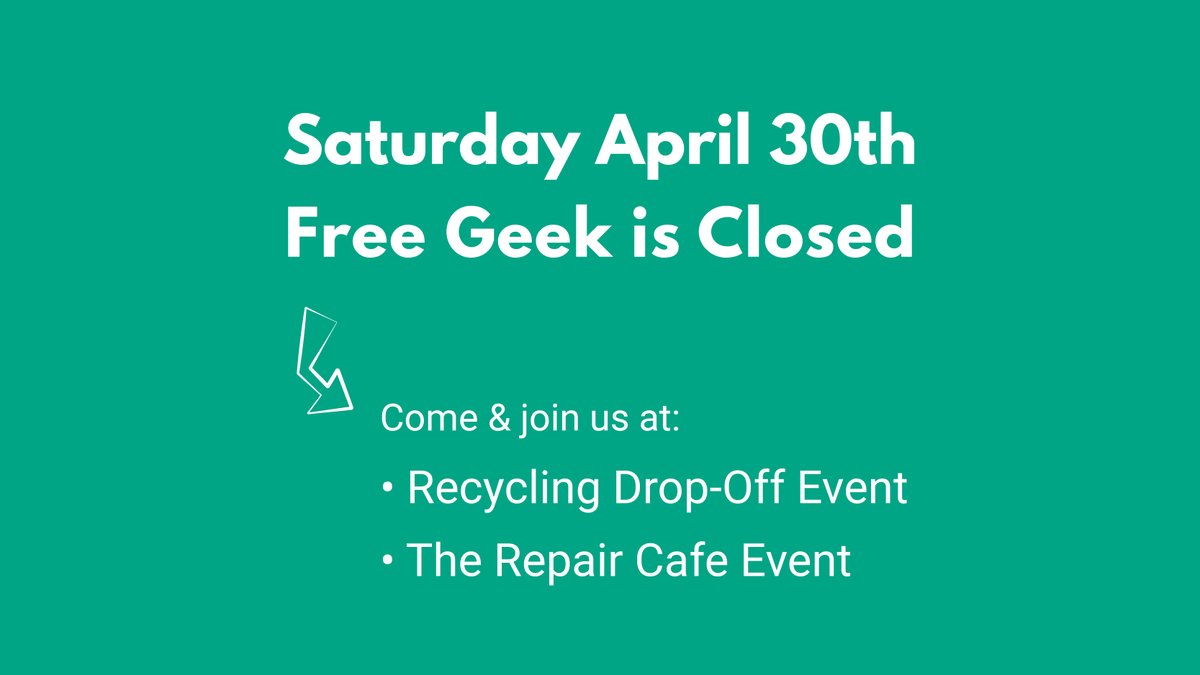 Free Geek will be closed on Saturday 30th April. Please join us at one of these events we are holding:

• Reuse &amp; Recycling Drop Off Event
Find out more here: vancouver.ca/news-calendar/…

• Repair Cafe Event
For more info, click here: vanrepaircollective.com