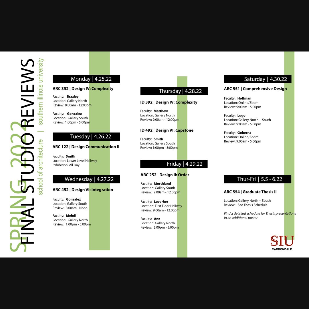 SIUArchitecture's tweet photo. Hey Salukis,

Presentation week is finally here! Come check our our student's hard work displayed throughout the week in Quigley Hall. Catch ya there! https://t.co/prLHHgOCKJ