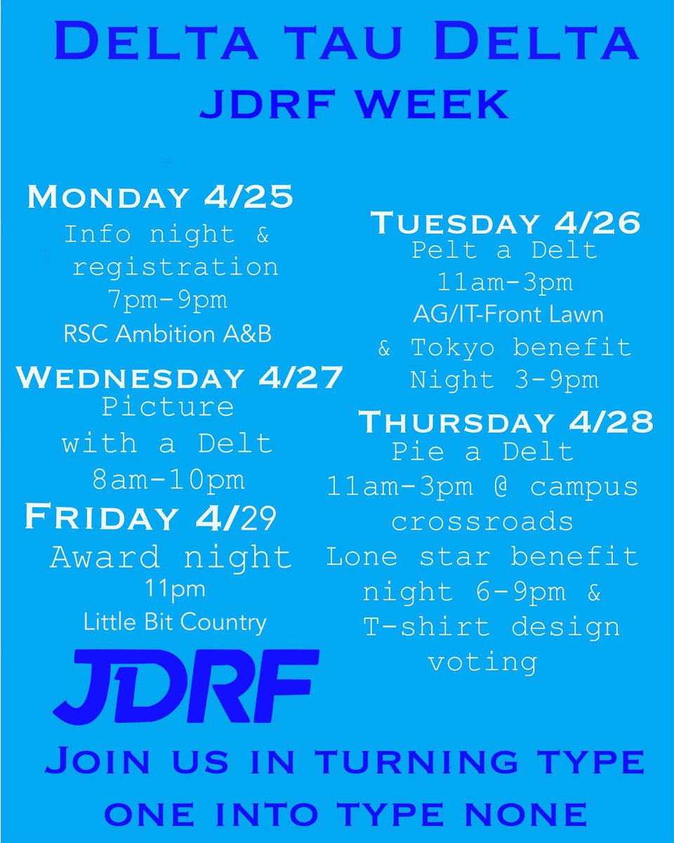 JDRF week is back! We encourage each organization to come out Monday to our info session to sign up a team! We look forward to a week full of fun and raising money for an important cause!