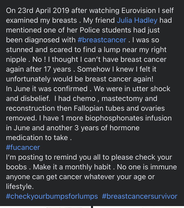 sunnyflower20's tweet photo. It’s my cancerversity 3 years since I discovered another lump in my right breast . This meant 2nd breast cancer! I’d only turned 50 in 2018 and this was a massive shock . Very unusual . Please check you bumps for lumps regularly! #Cancer #BreastCancer #checkyourbumpsforlumps https://t.co/jSmZRi0evh