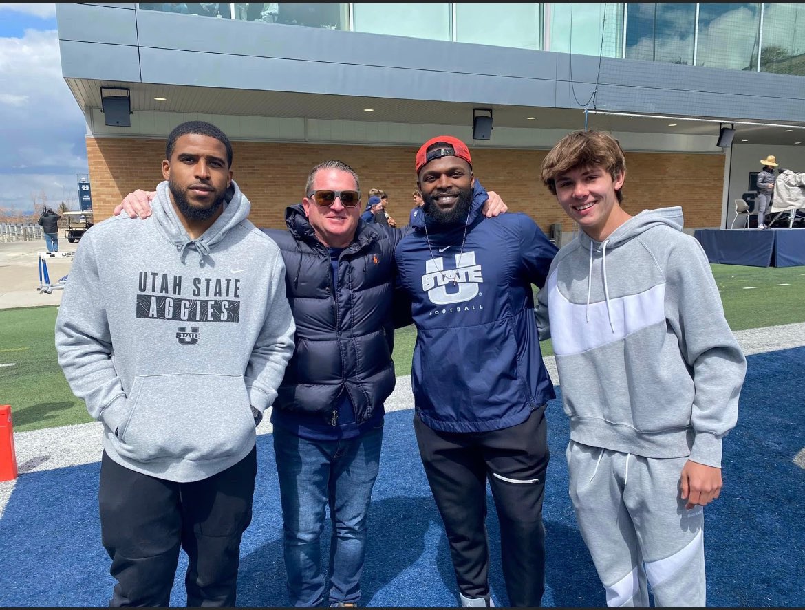 BrittonWatts's tweet photo. Had a great time at the @USUFootball spring game. My dad played for them and it was fun to meet current players, alumni players and coaches.  @Bwagz @jordan3love @RobertJTurbin @CHbanderson @BobbyDodd7 @CoachP_UtahSt @_CoachRobertson https://t.co/cFWjm3aNrM