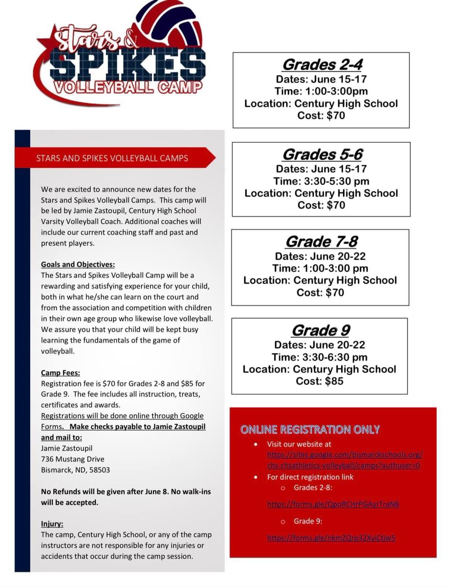 DON’T FORGET TO REGISTER FOR STARS AND SPIKES VOLLEYBALL CAMPS!!!

Grades 2-4: June 15-17, 1:00-3:00pm
Grades 5-6: June 15-17, 3:30-5:30pm
Grades 7-8: June 20-22, 1:00-3:00pm
Grade 9: June 20-22, 3:30-6:30pm

Visit our website to register for Camp! 

sites.google.com/bismarckschool…