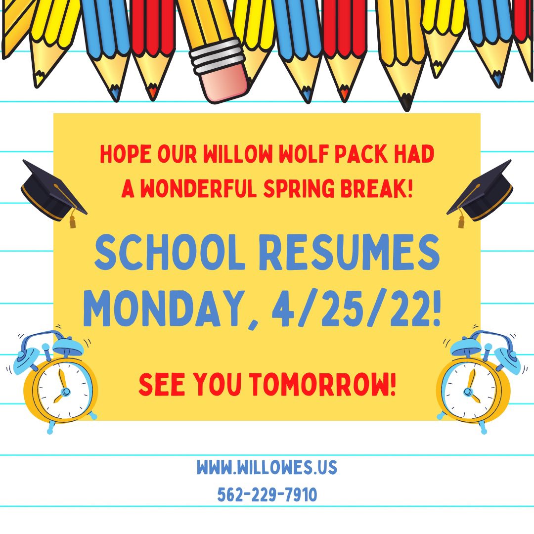 WillowES_ABC's tweet photo. Hope everyone had a great Spring Break! School resumes on Monday, 4/25! #willowesrocks #wolfpackstrong #abcstories https://t.co/gWzL3m8vZb