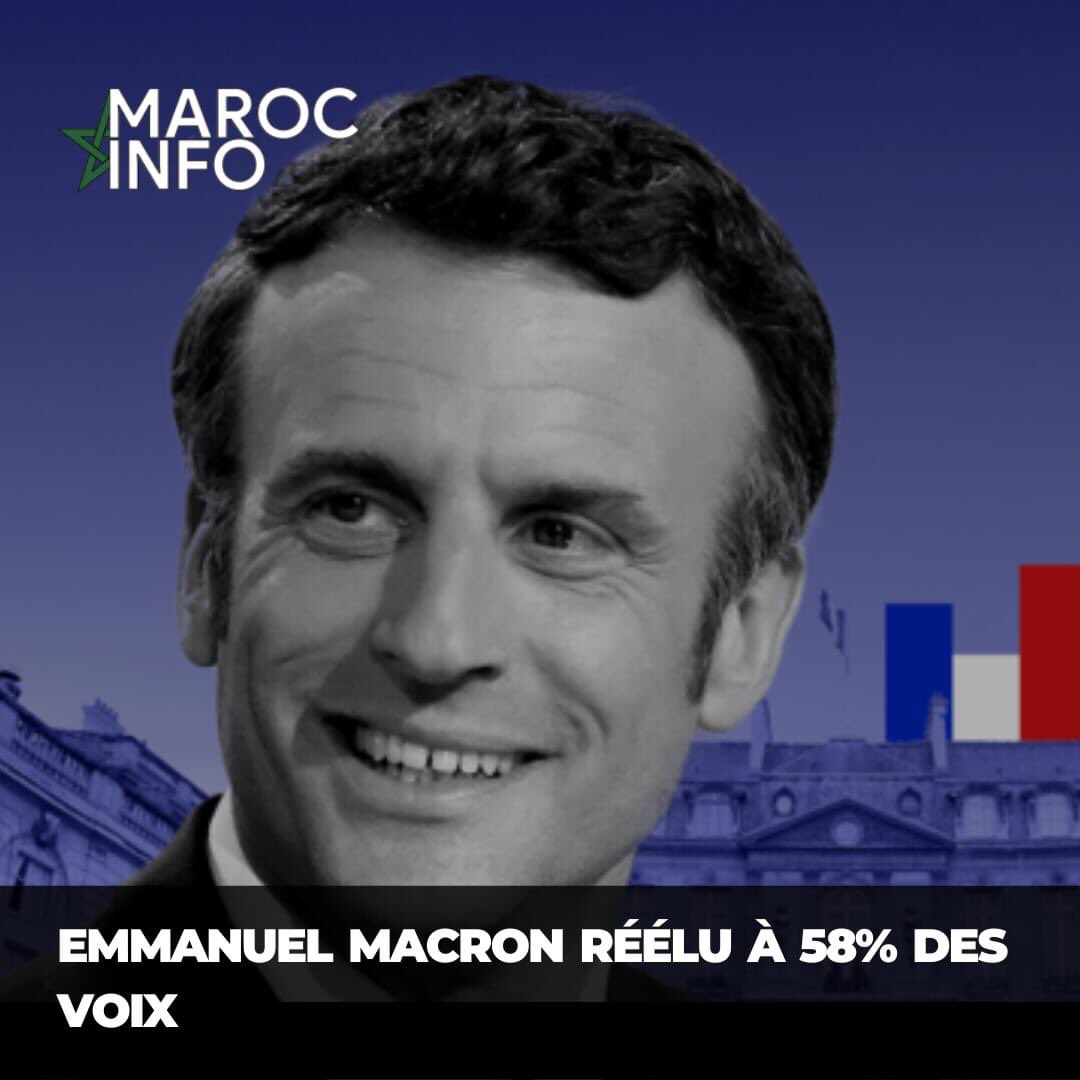 MarocInfo1's tweet photo. [INTERNATIONAL]

A l'issue du second tour de l'élection présidentielle française, Emmanuel Macron a été réélu avec 58% des voix contre 42% pour sa rivale du Rassemblement National, Marine Le Pen.

#MarocInfo #France #Présidentielle #Paris #Macron #LePen #presidentielles2022 https://t.co/60utSgbFyU