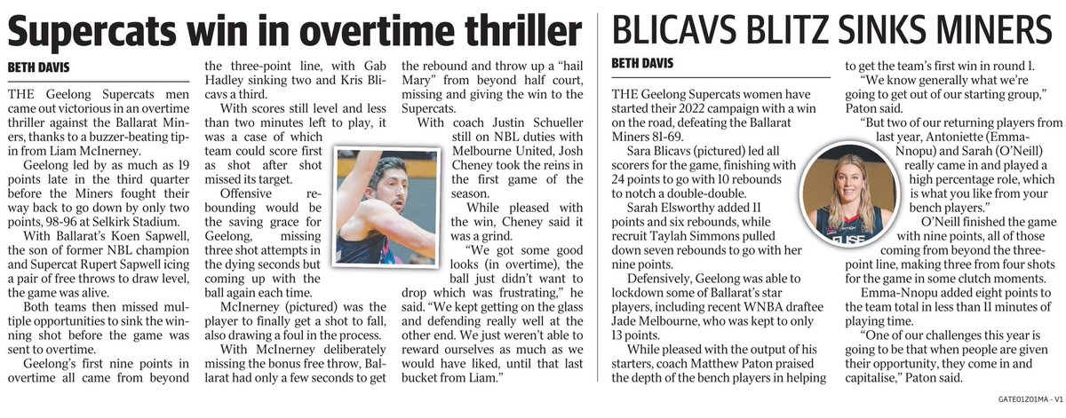 bethdavis10's tweet photo. In today’s @geelongaddy :

Two wins for @GeelongSupercat in Round 1 of @NBL1 South. 

@SaraBlicavs back with a bang for the women who are boasting more depth this season.

@bigmacca24 with the winning points in OT for the men. 

#NBL1South https://t.co/XaqxyJ4Su1