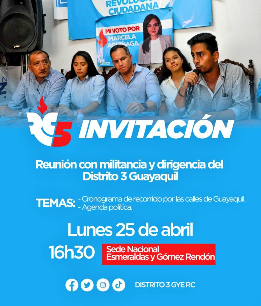 parischiquitoo's tweet photo. Invitación este lunes 25 abril 16.30 reunión de la militancia y diriigencia de la #RevolucionCiudadana #Distrito3Guayas en la central de Esmeraldas y Gómez Rendon @RC5Oficial @CarlosGSerranoB @kathyCornejoL @marcelaguinaga @MashiRafael https://t.co/liBoOSOEGa
