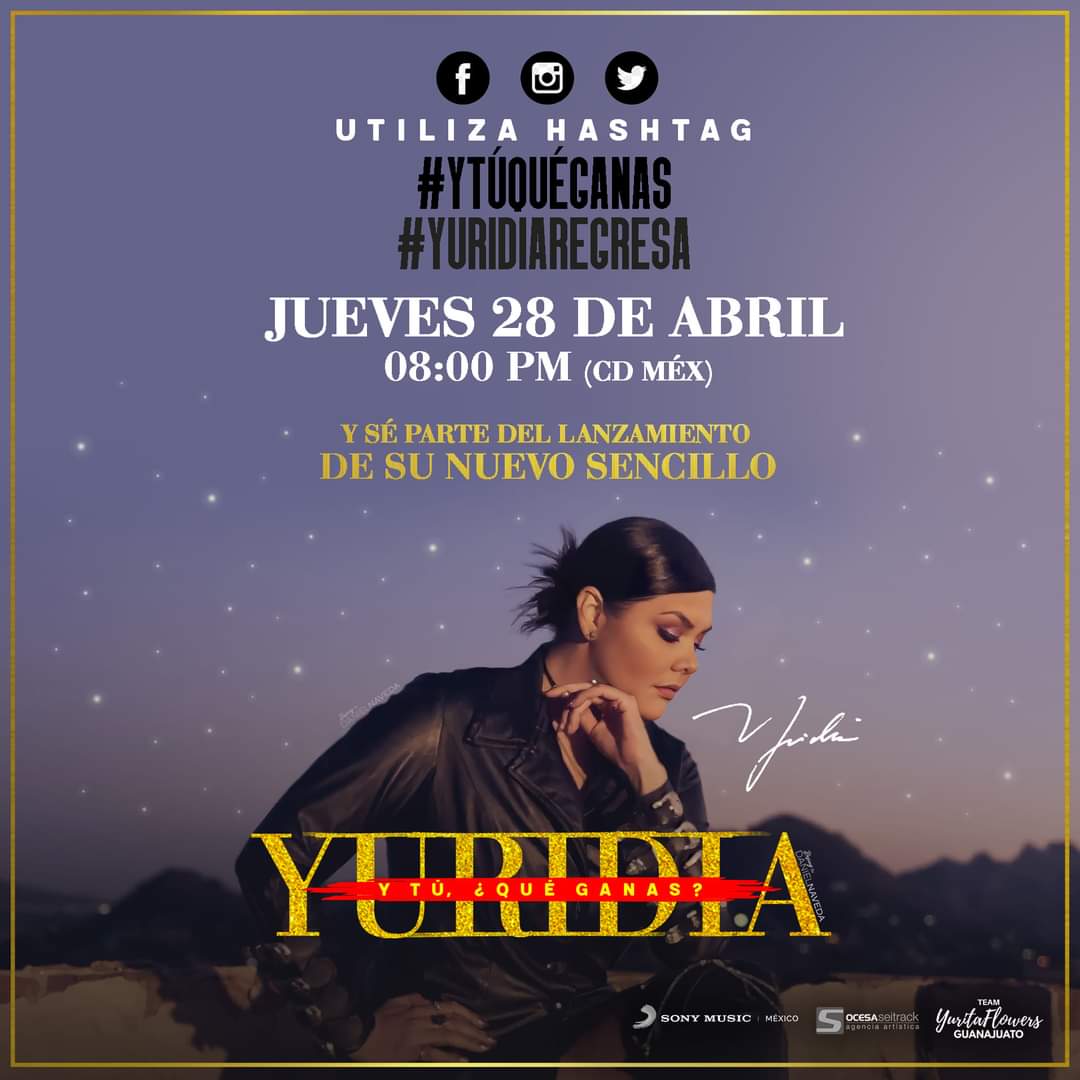 gdlyuridia's tweet photo. Sé parte del lanzamiento del nuevo sencillo de Yuridia (@yuritaflowers) titulado #YTúQuéGanas únete a la celebración usando los HT #YTuQueGanas y #YuridiaRegresa este 28 de Abril a las 08:00PM (Hora centro) 🔥✨🤠👢👢 https://t.co/Pa0M9gntNv
