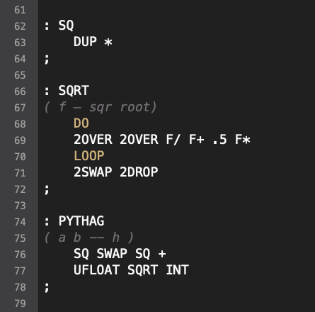 shieladixon's tweet photo. I love Forth! Grand Theft Cygnus needs to use Pythagoras to calculate the distance from you to the Queen. Here's a secret: the Vic version of  uses an approximation because... assembly. But here's real pythagoras in Forth and isn't it elegant?! #minstrel4th #Forth https://t.co/DOiB4xFgvP