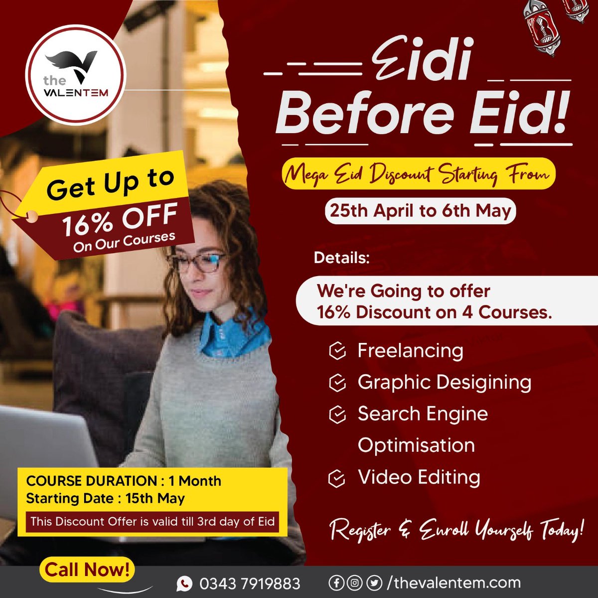 TValentem's tweet photo. Hello peeps!

The Valentem happily declared the extraordinary eid offer for its earnest devotees. You can pronunce it Eidi before Eid. To excite the thrill of Eid we are looking towards the 16% off on our underrated courses
This deal is valid just till 3rd day of Eid. 
 #Eid2022 https://t.co/k2gaZ12Di4