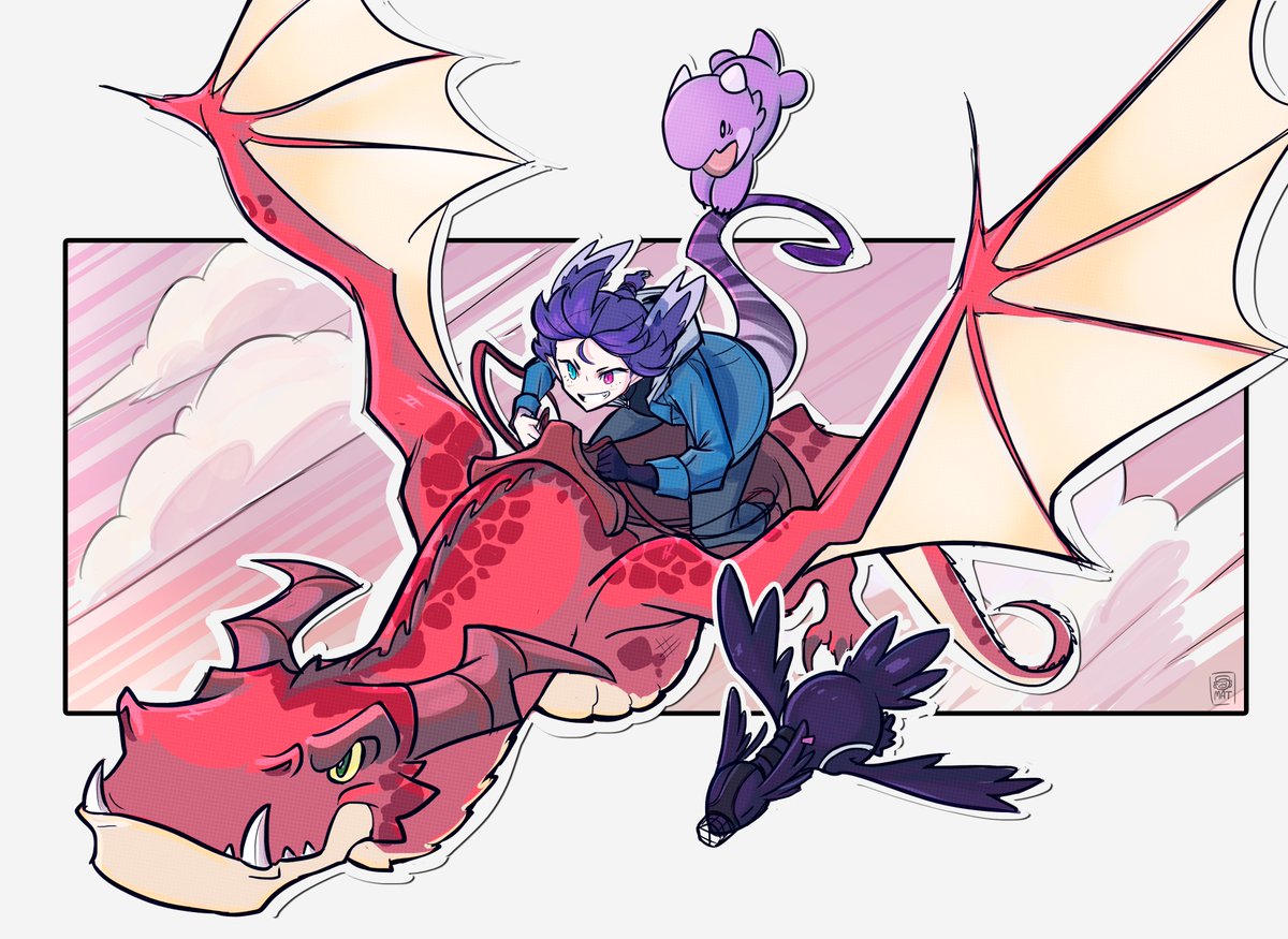 selen tatsuki dragon 1girl heterochromia purple eyes purple hair flying riding  illustration images