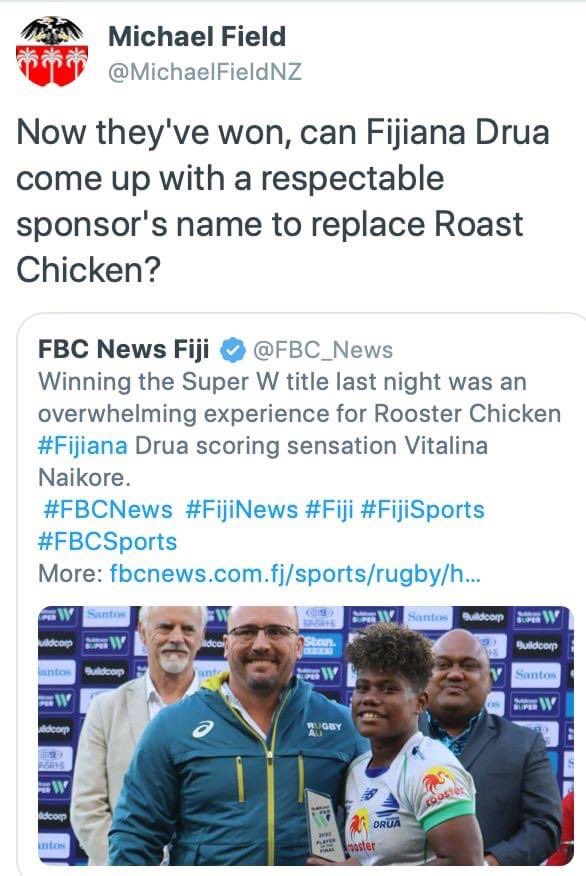 LyndaTabuya's tweet photo. Rooster Chicken is the sponsor because Rooster Chicken believed in @Fijiana_Drua when no one else did! #BreakTheBias #WomenEmpowerment #WomenInSport #DruaNation https://t.co/x7fgwRdLsN