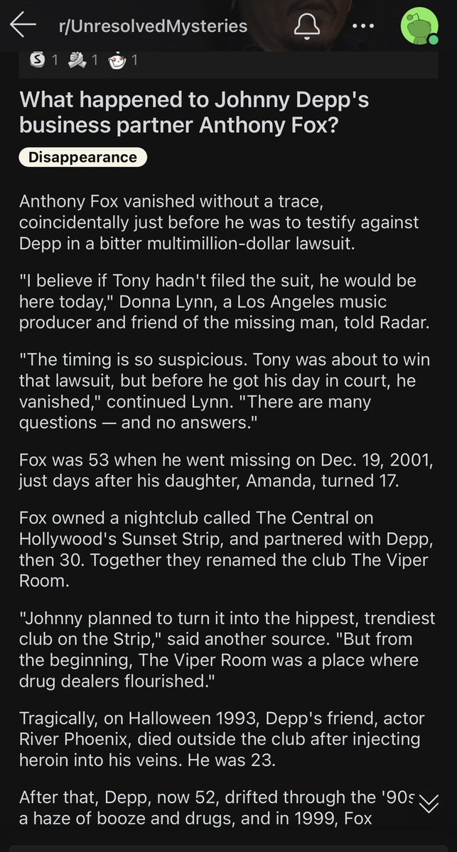 Johnny Depp's ex business partner Anthony Fox sued Depp for allegedly conspiring to divert millions in profit from the viper room. A day before Fox could testify in the multi million dollar lawsuit, he goes missing, along with his pickup truck, and a 38 caliber revolver.