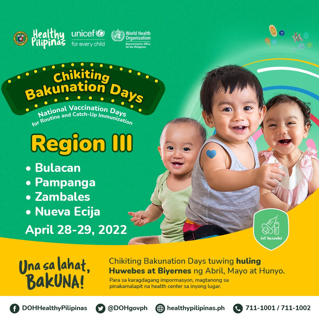 DOHgovph's tweet photo. Taga Bulacan, Pampanga, Zambales o Nueva Ecija ka ba? Kabilang ang inyong lugar sa Chikiting Bakunation Days ngayong April 28-29. https://t.co/vvy6pGaKPE