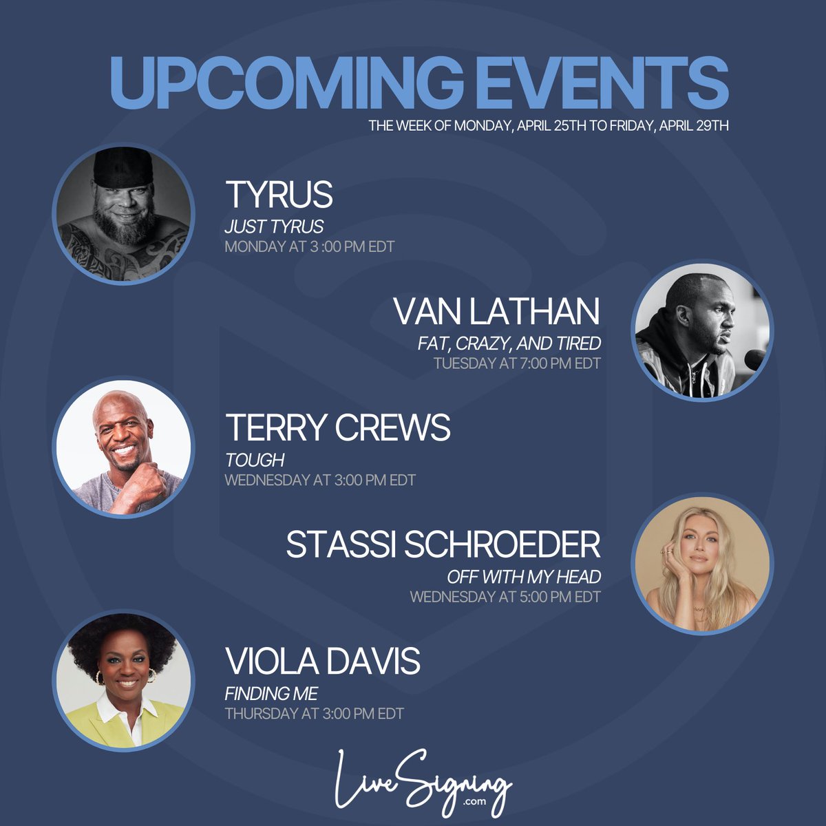 PCollectibles's tweet photo. Join us for another jam-packed week of LiveSignings from some of your favorite stars!

@PlanetTyrus | @VanLathan | @terrycrews | @stassi | @violadavis https://t.co/xSCXljQ2bZ