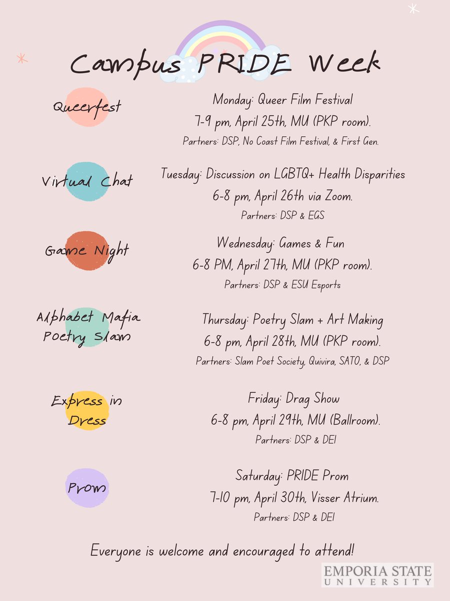 We are excited to celebrate campus PRIDE week starting tomorrow, with events going on every night this week! 
#HornetNation