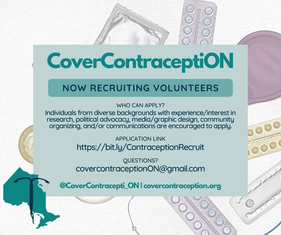 Passionate about pharmacare and reproductive rights? Want to join the movement for universal, no-cost contraception? 

The <a href="/Contracepti_ON/">CoverContraceptiON</a> team is recruiting volunteers! 📣

Applications accepted on a rolling basis! Application link: bit.ly/ContraceptionR…