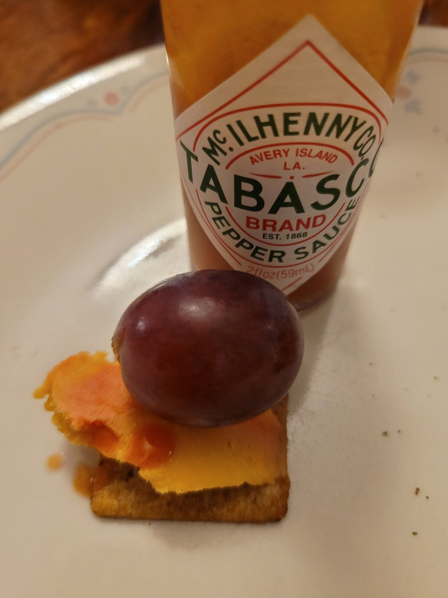 PreacherBo's tweet photo. Take a Sun dried tomato basil #WheatThin, apply Port wine cheese, 1 grape, and 1 drop of #Tabasco sauce.
I am a #CrackerConnoisseur.
Follow me for more recipes. 😉 https://t.co/HwxmWggkJb
