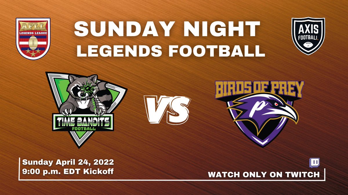 TheAFLL's tweet photo. In the @UFFSports American Football Legends League Sunday Nightcap 🍸🏈

The @lional_dalton owned Birds of Prey try to use their attacking defense to upset the surging @TimeBanditsAFLL who have won two in-a-row.

#NFL legends play here!

Kickoff🏈9pm ET
📺 https://t.co/kXHVkS00d5 https://t.co/FpUvTKfNX3