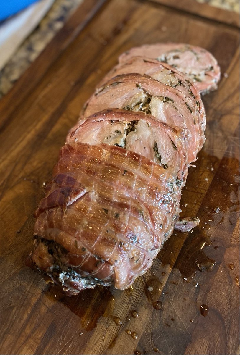 Smoked bacon-wrapped pork loin on the rotisserie tonight!