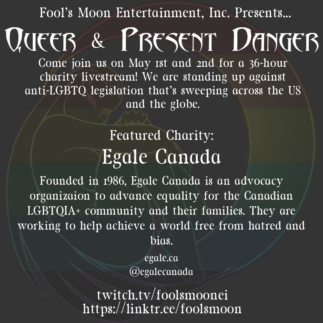 Good morning #ttrpgfamily! 
Today's featured Queer and Present Danger charity is @egalecanada!
For 36 years, they've been a Canadian advocacy organization working to advance equality for the LGBTQ+ community. The want to achieve a world without bias or hate. 
5 days!