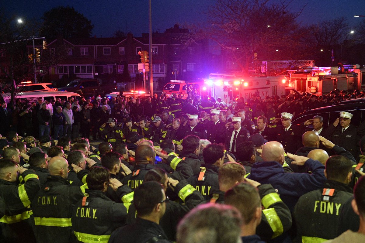 FDNY's tweet photo. FDNY members salute Firefighter Timothy Klein during his dignified transfer. Firefighter Klein is the 1,157th member of the FDNY to die in the line-of-duty. Read more: https://t.co/2LYKDBYG5y https://t.co/LmG9TpfgjH