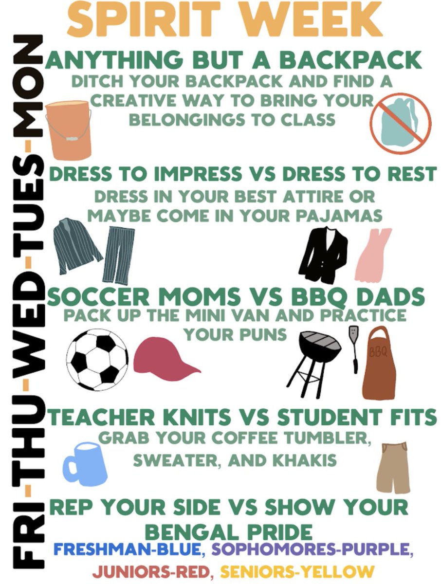 PEHScouncil's tweet photo. Mon, anything but a backpack
Tues is dress to impress vs. dress to rest!
Wed, soccer moms vs bbq dads.
Thurs, Teacher Knits vs. Student fits. 
Fri, PEP RALLY DAY:seniors-yellow/gold, juniors-red, sophomores-purple, freshmen-blue rep your side vs. show your bengal pride! https://t.co/keFYifNr1M