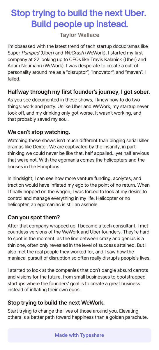 taywall's tweet photo. I'm obsessed with #WeCrash and #SuperPumped because I once wanted to be just like those insane CEOs "disrupting" the world (and peoples lives). Then I got sober and learned how dangerous the ego is. Now I want to build people up instead. https://t.co/2hTXlynLeD