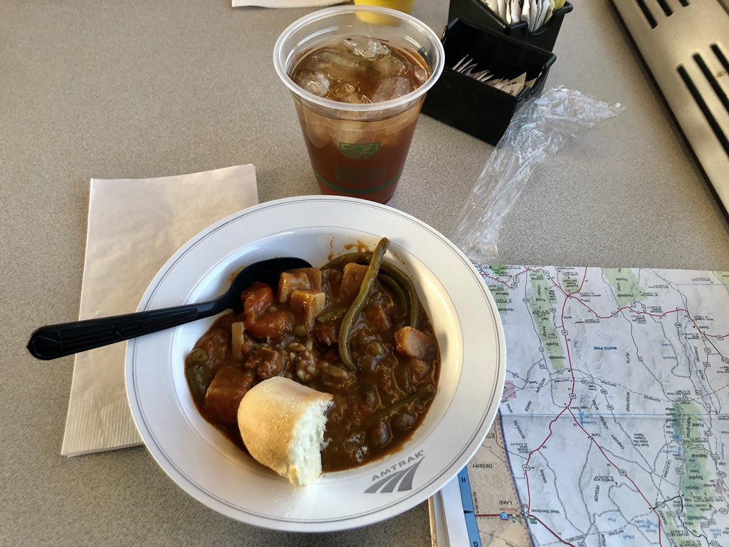 Thanks for nothing <a href="/Amtrak/">Amtrak</a>: aboard the 16+ hour-late CaliforniaZephyr, the much-vaunted dinner service was replaced with a meager portion of lukewarm canned stew. Meanwhile the crew seems to be enjoying the regular fare behind closed doors.