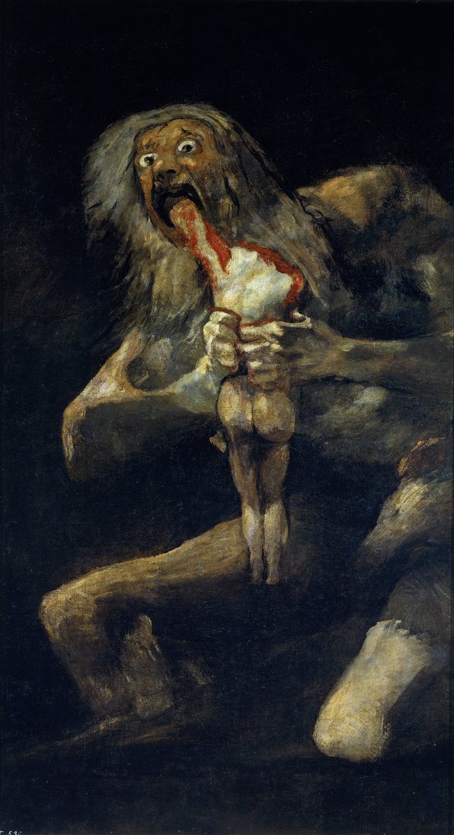 KhlidSA's tweet photo. Saturn Devouring His Son 
By Francisco Goya and Peter Paul Rubens 
The painting shows Titan Cronus devouring his son fearing that he would be overthrown by his own children
#art https://t.co/S7GwJkaBAl