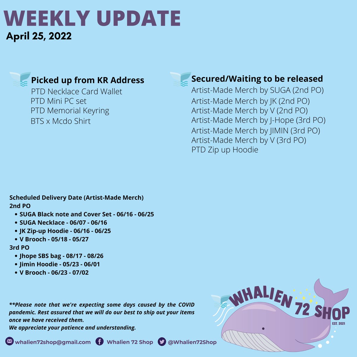 Whalien72Shop's tweet photo. Happy Monday!! Finally, items in our Kr address have already been picked up by the courier. Box will be loaded today and will ship on 29th. Artist-made merch naman next ππThank you so much for your understanding, chingus πππ #Whalien72_Updates https://t.co/ngxldbdw6V
