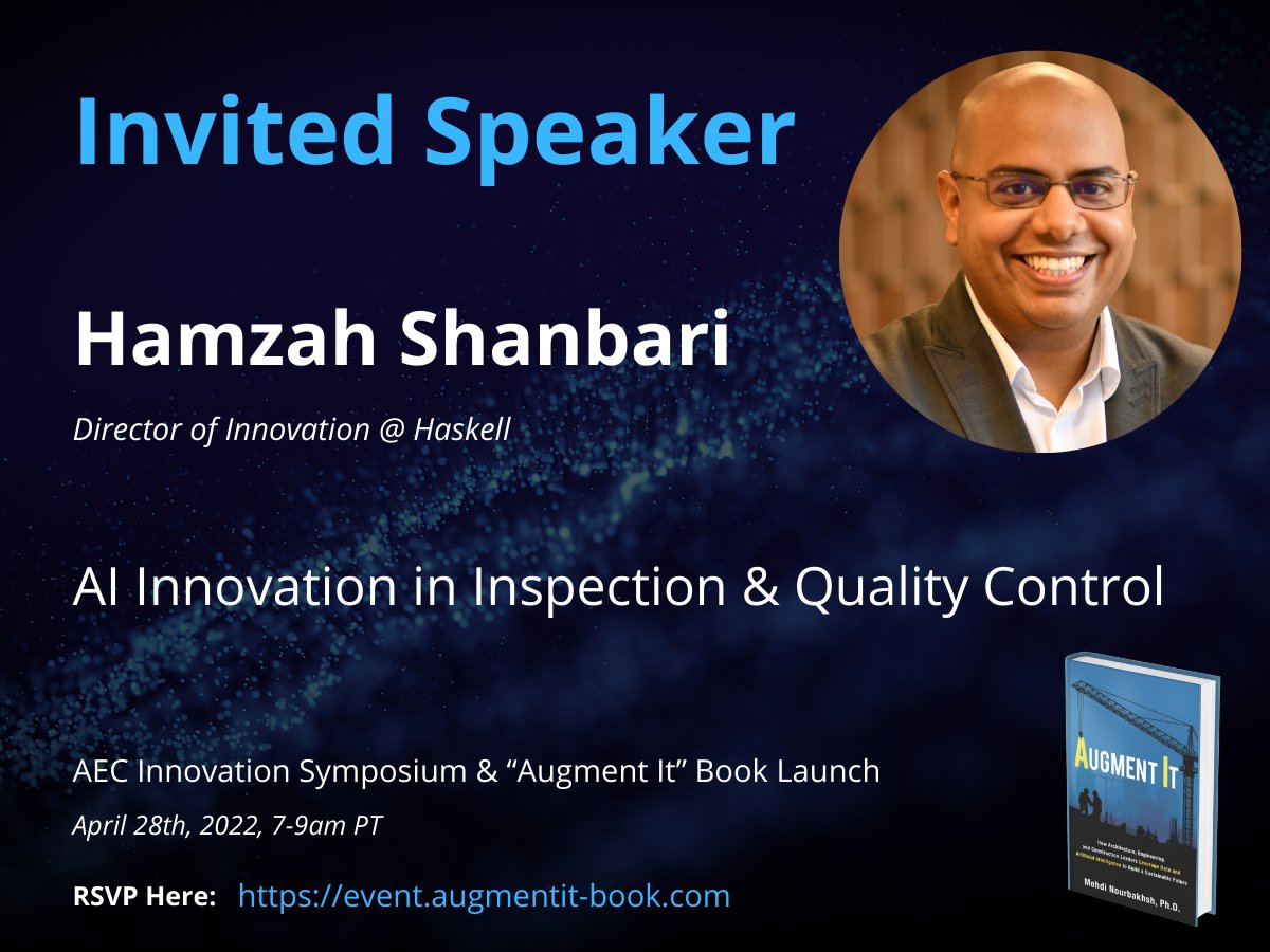 SZolfagharian's tweet photo. Join us to hear from the #AEC #thoughtleaders (@AlainWanderings, @MehdiNour_AEC, @shaneburger, @hamazawah) how to #augment your business capabilities with #AI! RSVP: https://t.co/l9p4XZB3JT https://t.co/UAbKybUysm