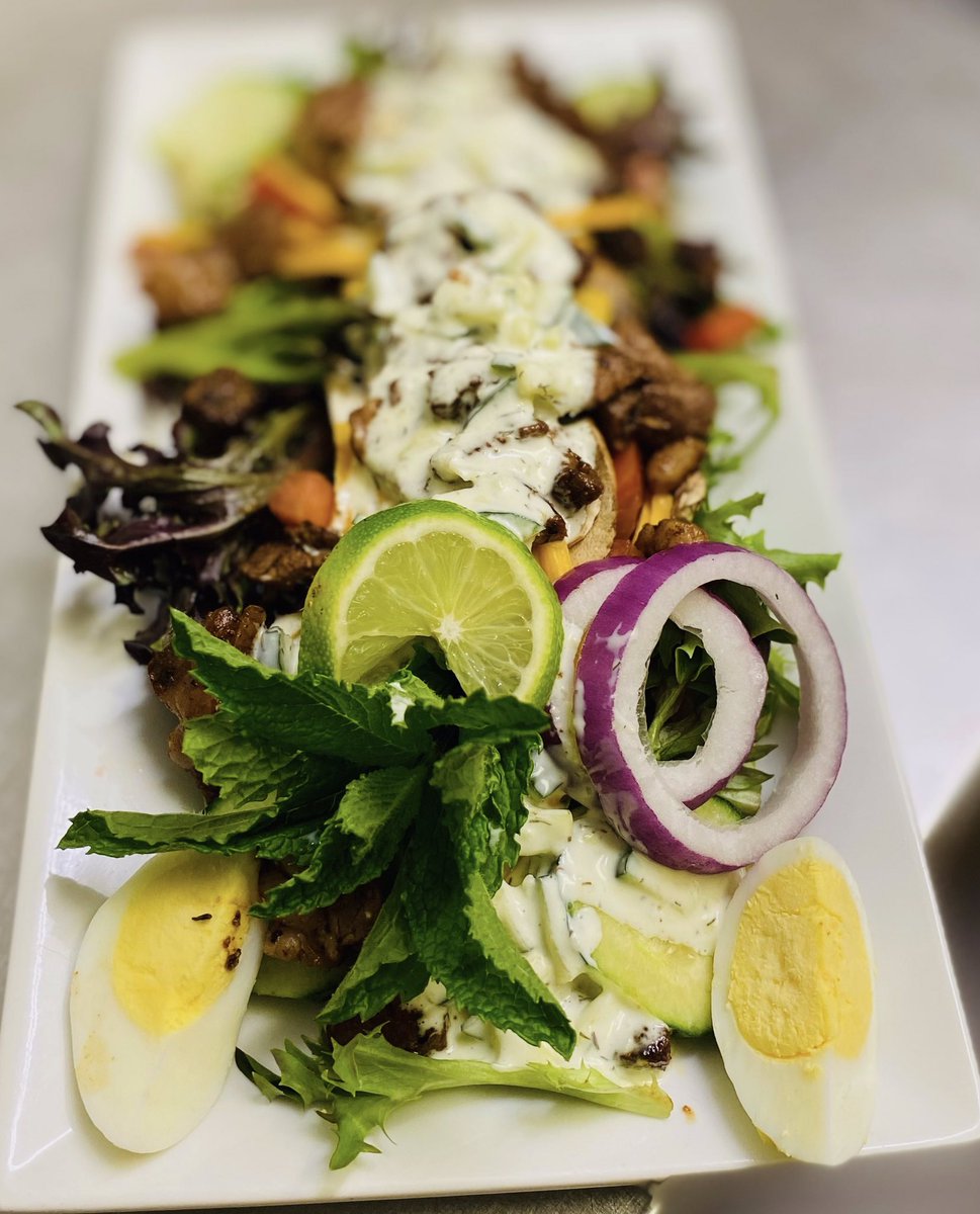 #cookingIsAllYouNeed 
#whatsyourthoughts
EAT or DITCH? 
Blackened Prime Rib Garden Salad.
Topped w/ Tropical citrus Cucumber Dill Aioli! (Papaya, Kiwi, Mango, Lime, Cucumber, Dill)