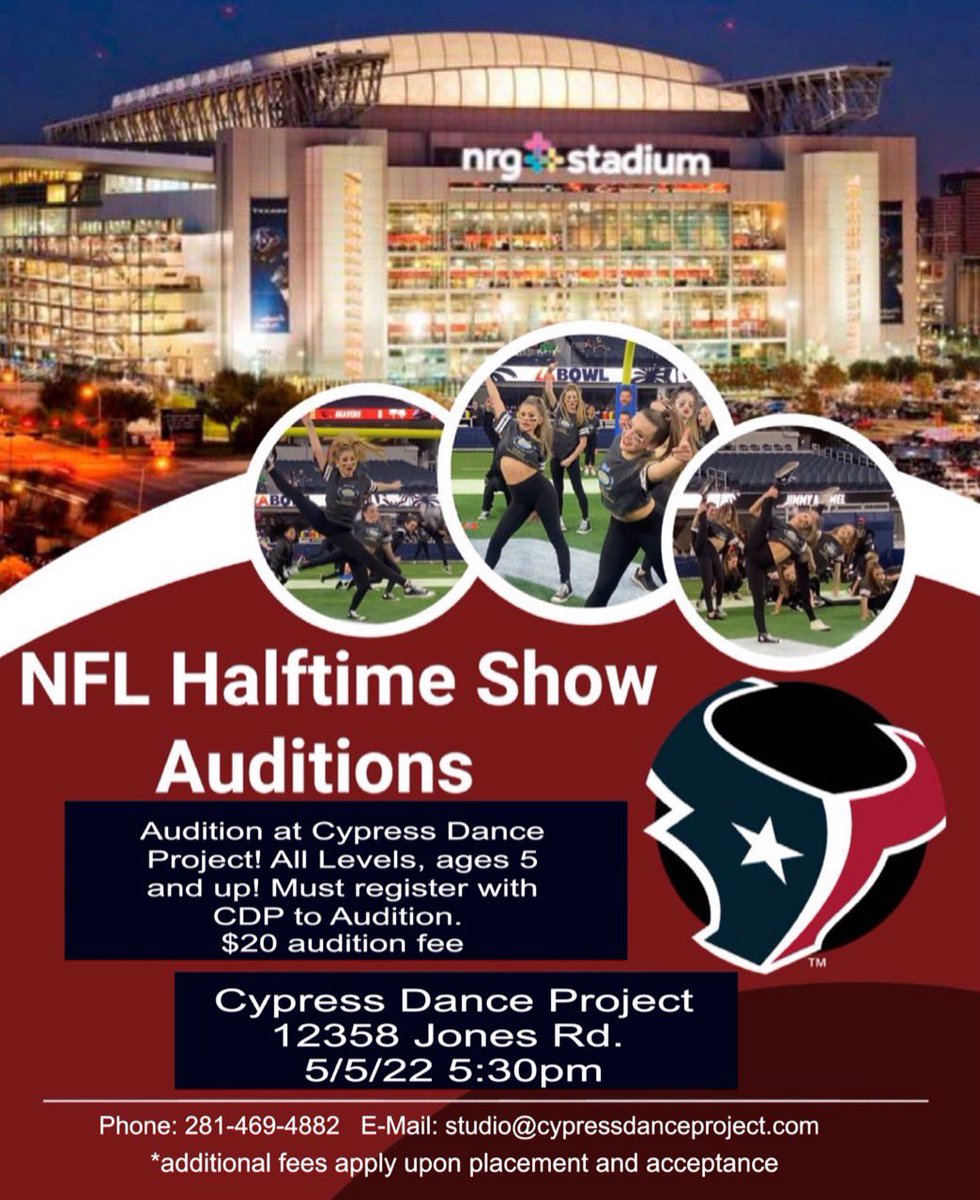 NFL halftime show auditions are being held at my dance studio for dancers ages 5 and up! 
Register with Cypress Dance Project Now!