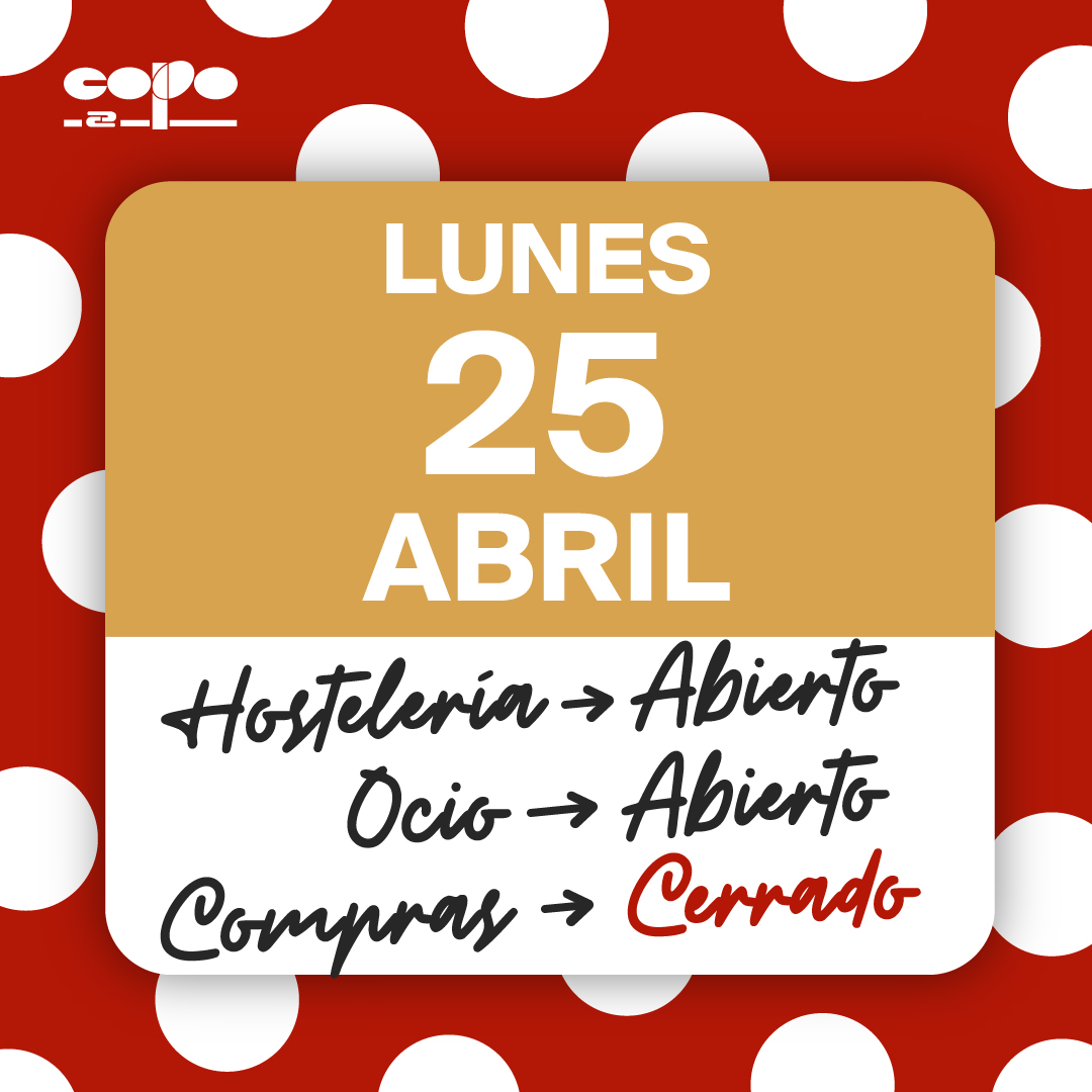 Copo_al's tweet photo. Con motivo de la festividad de San Marcos nuestro parque comercial mantendrá los siguientes servicios:
-HOSTELERÍA: ABIERTO ✅
-OCIO: ABIERTO ✅
-COMPRAS: CERRADO ❌
¡Te esperamos al completo mañana!
¡Feliz San Marcos!
#parquecomercialcopo #copo #estiloponiente #almeria #elejido https://t.co/kQFIXXHNOn