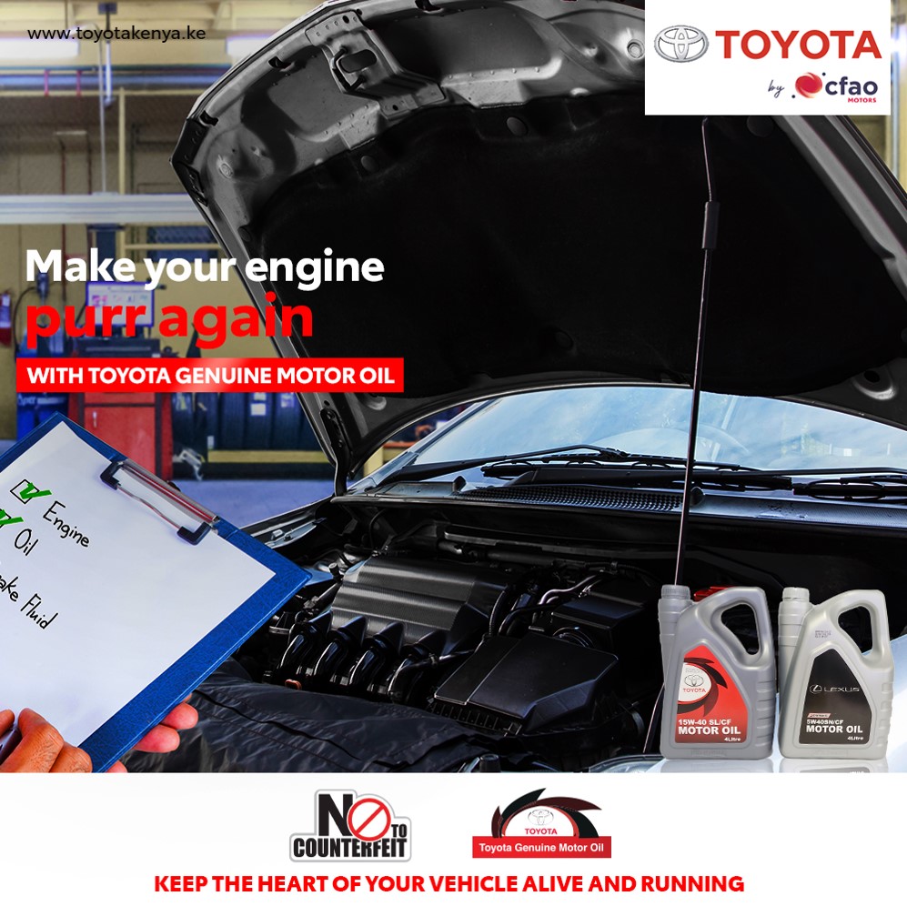 ToyotaCFAOKE's tweet photo. Toyota Genuine Motor Oil will give your engine the smooth purr its used to. Buy it at any Toyota Kenya Authorized Genuine oil shop or visit our service centers to get your fill.
#ProtectYourEngine #TGMO #QDR #NoToCounterfeit https://t.co/L9ctnGx5uV