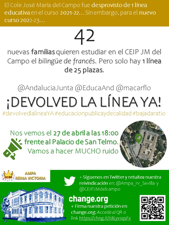 <a href="/EducaAnd/">Consejería Desarrollo Educativo y FP</a> <a href="/macarflo/">Manuel Alejandro Cardenete</a> Seguimos sin respuestas, el próximo miércoles estaremos en #SanTelmo 42 FAMILIAS esperan que cumplan sus promesas de libertad de elección <a href="/JuanMa_Moreno/">Juanma Moreno</a> La #ComunidadEducativa del <a href="/CEIPJMdelcampo/">CEIP José María del Campo</a> no se rinde #DevolvedlaLineaYA <a href="/fampasevilla/">Fampa Sevilla. “Nueva Escuela”</a>