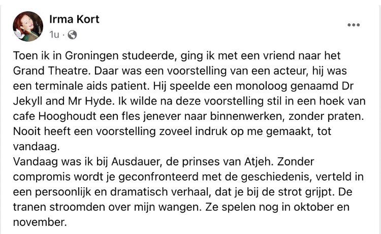 Gisteren speelden we onze laatste Prinses van Atjeh dit voorjaar. En ontvingen we deze recensie. Dankjewel Irma! 🙏 ❤️
Komend najaar zijn we terug, check de site voor de speelplaatsen! #Almelo #Arnhem #Rotterdam #Leiden #Enschede ausdauer.nl/speellijst/