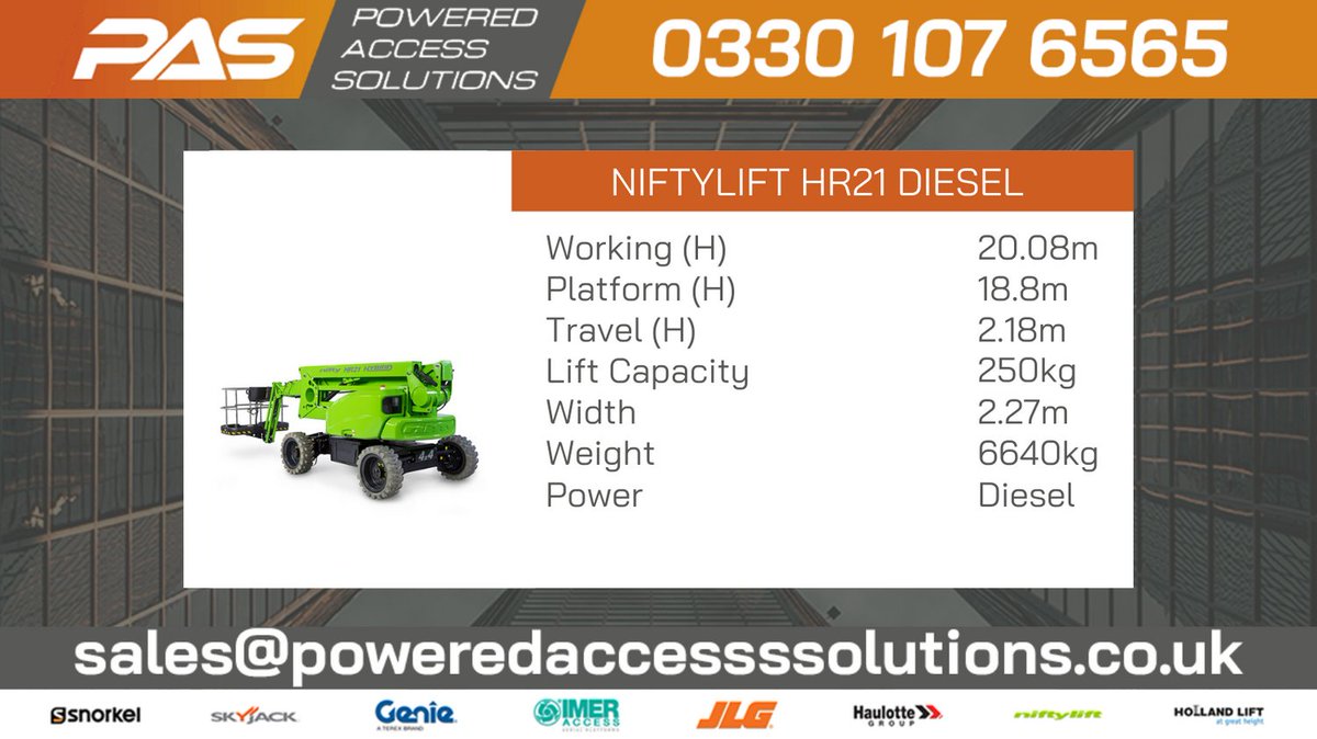 🟠🟠 the HeightRider 21 4x4 (HR21 4x4) self-propelled cherry picker will lift 2 persons and their tools to a working height of 20.8m or a working outreach of 13m.🟠🟠

View &amp; Download product spec - poweredaccesssolutions.co.uk/boom-hire/nift…

#Poweredaccess